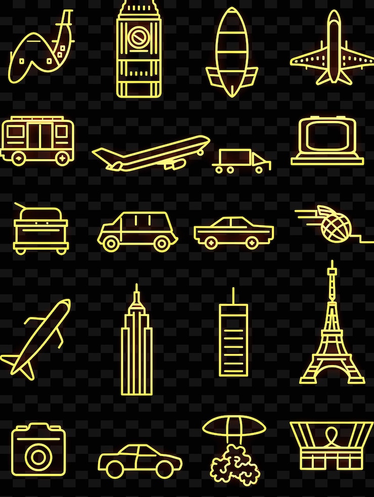 PSD linee di icone di viaggio con uno stile punteggiato e un effetto di contorno set png iconic y2k shape art decorativet