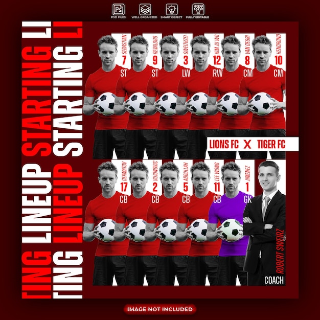 PSD lineup inicial del partido de fútbol redes sociales instagram diseño de publicaciones