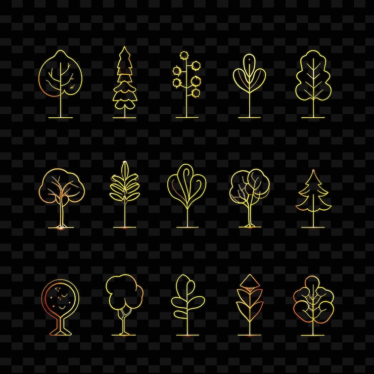 PSD linhas de ícones de árvores com luminescência cintilante em graffiti set png iconic y2k shape art decorativei