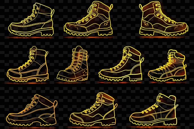 PSD linhas de ícones de botas de caminhada com luminescência pulsante e conjunto png iconic y2k shape art decorativer