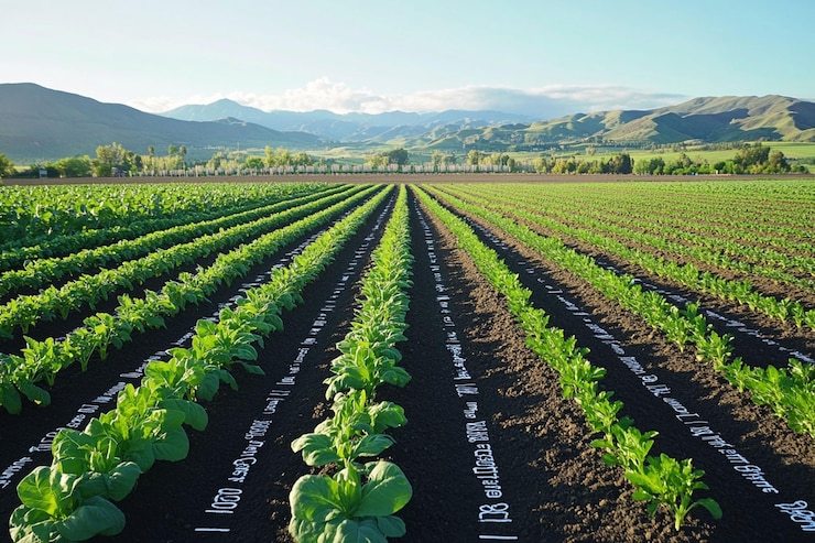 PSD linhas verdes exuberantes de colheitas em um vasto campo agrícola que se estende para montanhas distantes sob um céu brilhante