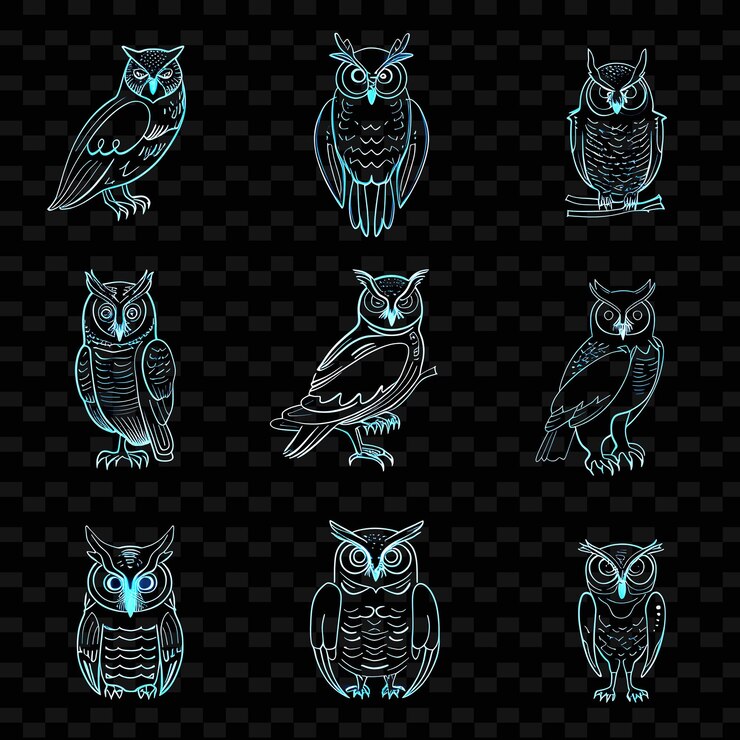 PSD linien von eulen-ikonen mit pulsierender lumineszenz und online s-set png iconic y2k shape art decorativet