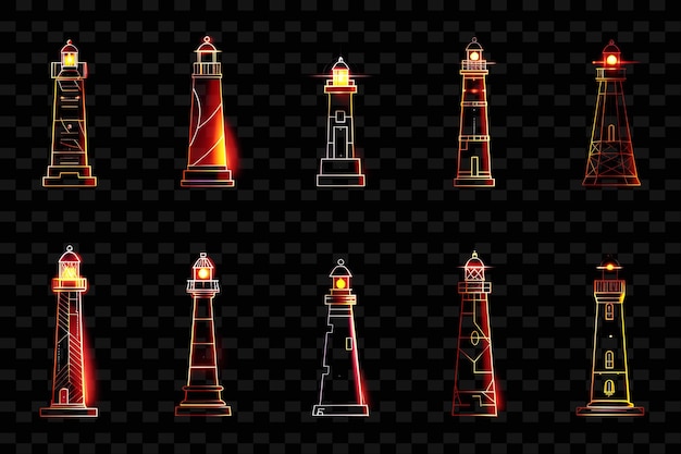 Linien von leuchtturm-ikonen mit pulsierender lumineszenz und n-set png iconic y2k shape art decorativee