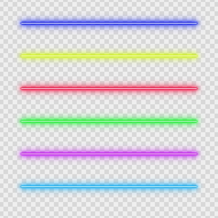 PSD liniere orizzontali luminose al neon su sfondo trasparente rosso blu verde giallo rosa