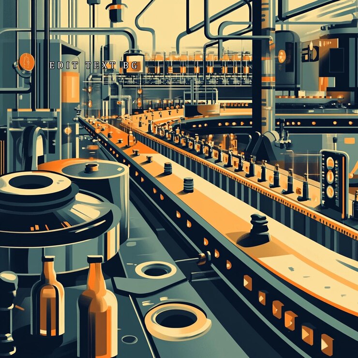 PSD linière de production automatisée d'usines d'embouteillage présentant des bouteilles de bière se déplaçant le long de courroies de transport à travers diverses étapes de traitement et d'emballage
