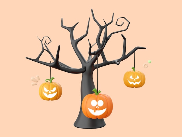 PSD linterna de calabaza con árbol muerto elementos temáticos de halloween ilustración 3d