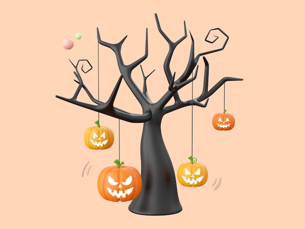 PSD linterna de calabaza con árbol muerto elementos temáticos de halloween ilustración 3d