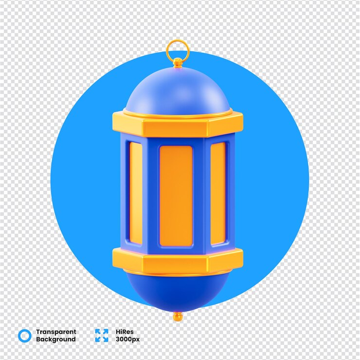 PSD linterna de ramadán 3d azul y dorado vibrante en transparente