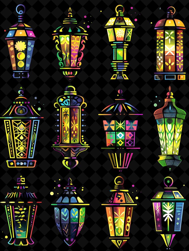 PSD linternas decorativas al aire libre de 8 bits de píxeles con diseño intrincado png colección de diseño único y2k