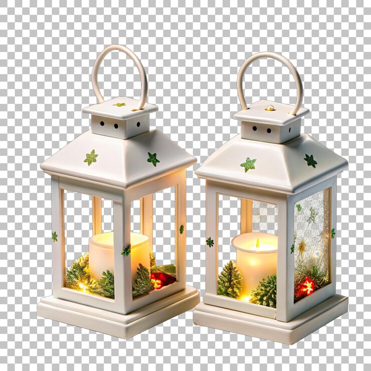 PSD las linternas navideñas se encienden dentro del árbol de navidad y las velas png de fondo