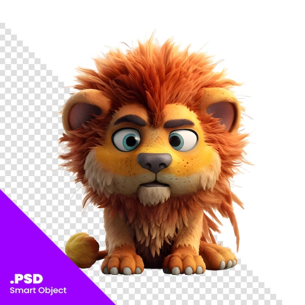 PSD le lion de dessin animé mignon avec de grands yeux assis sur un fond blanc modèle psd de rendu 3d