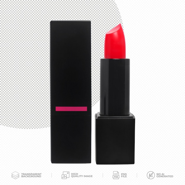 Lipstick rojo brillante en tubo negro en fondo transparente PSD