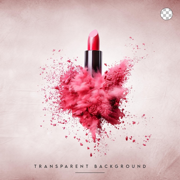 PSD lipstick rojo en una salpicadura de polvo aislada sobre un fondo transparente