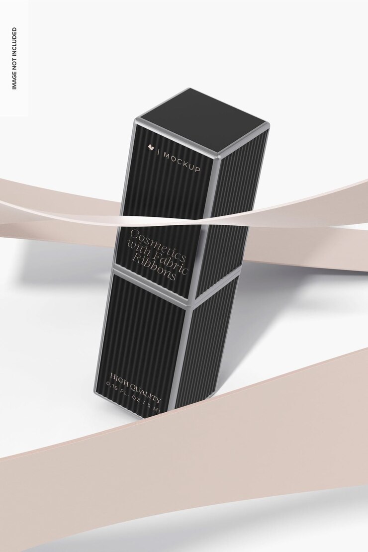 PSD lipstick tube with fabric ribbon mockup, leaned