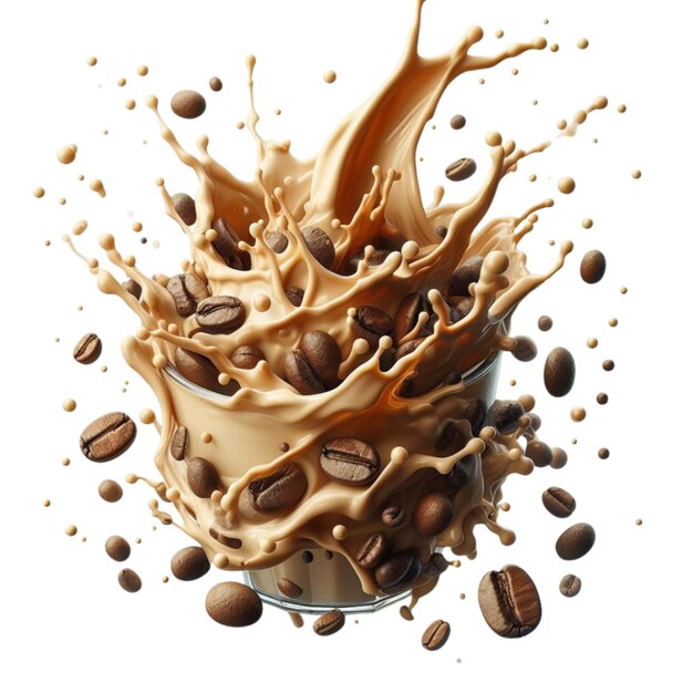 PSD liquid splash and coffee beanson white background