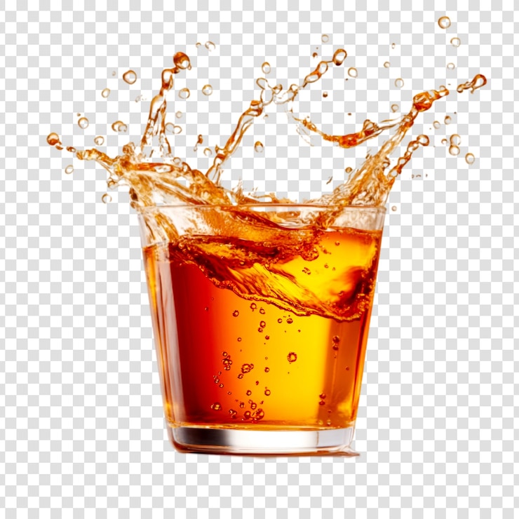 PSD liquide ambre rafraîchissant éclaboussé dans un verre