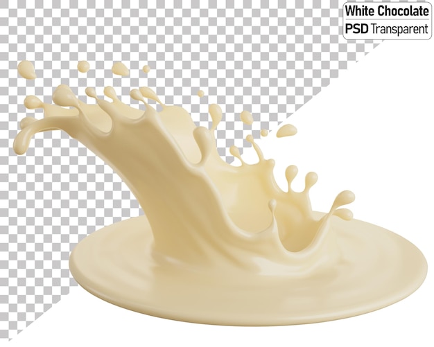 Un liquide aux éclaboussures de chocolat blanc est affiché sur un fond blanc.