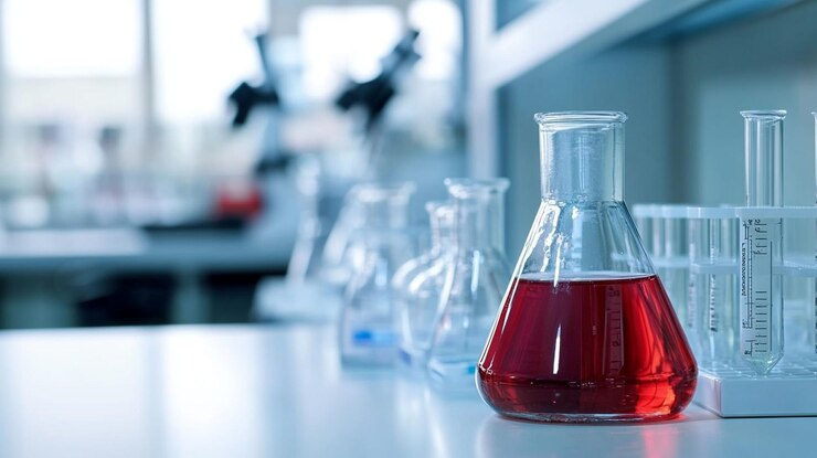 PSD liquide rouge dans un flacon erlenmeyer sur une table de laboratoire avec des tubes à essai et un microscope en arrière-plan