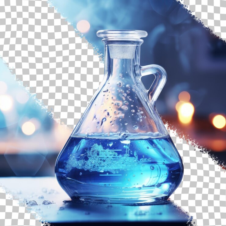 PSD líquido azul en un frasco de florencia sobre un fondo transparente en el laboratorio