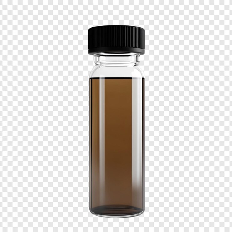 PSD líquido oscuro en una botella de vidrio transparente con un tapón negro