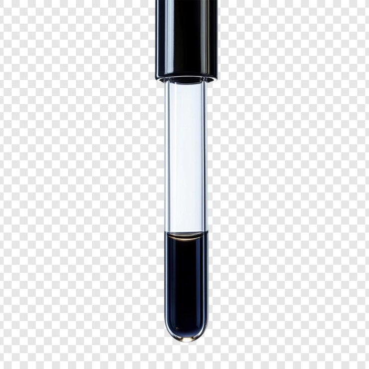 PSD líquido oscuro en un tubo de ensayo de vidrio experimento de laboratorio de ciencia de tapa negra