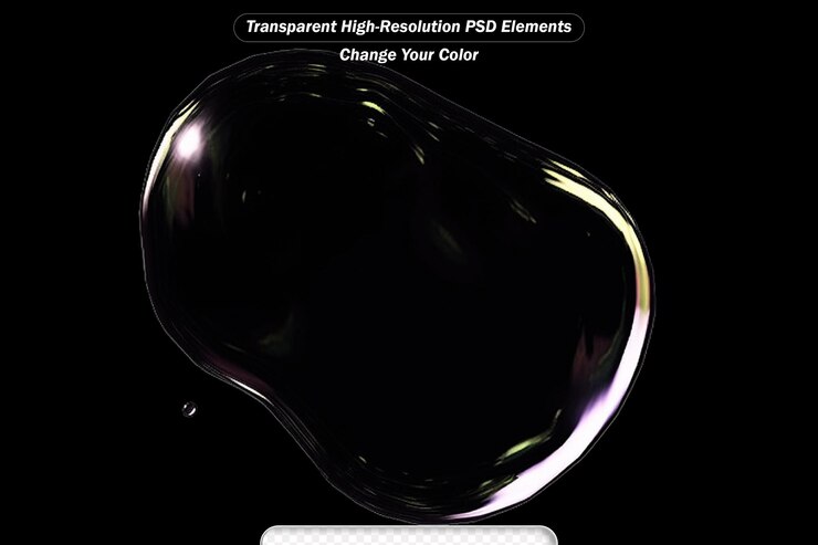 PSD líquido de vidrio forma fluida abstracta con efecto holográfico aislado sobre fondo negro