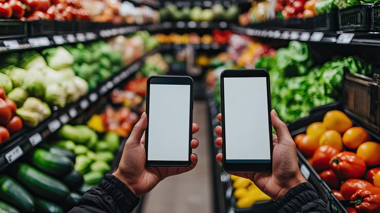 PSD lista de compras de teléfonos inteligentes en una tienda de comestibles