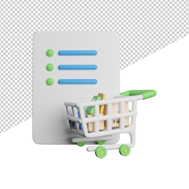 PSD lista de compras vista frontal del producto ilustración de icono de renderizado 3d sobre fondo transparente