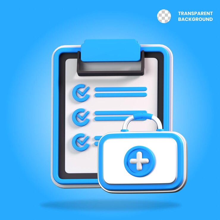 PSD lista de comprobación médica y kit de primeros auxilios ilustración del icono en 3d