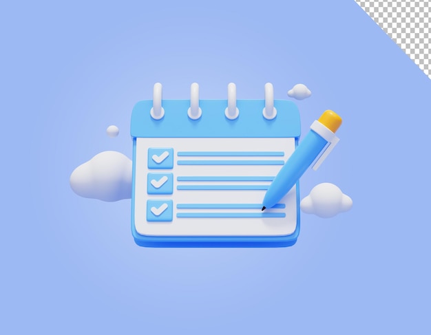 Lista de tarefas, relatório de lista de verificação com caneta, relatório completo, ícone da web, ilustração 3d