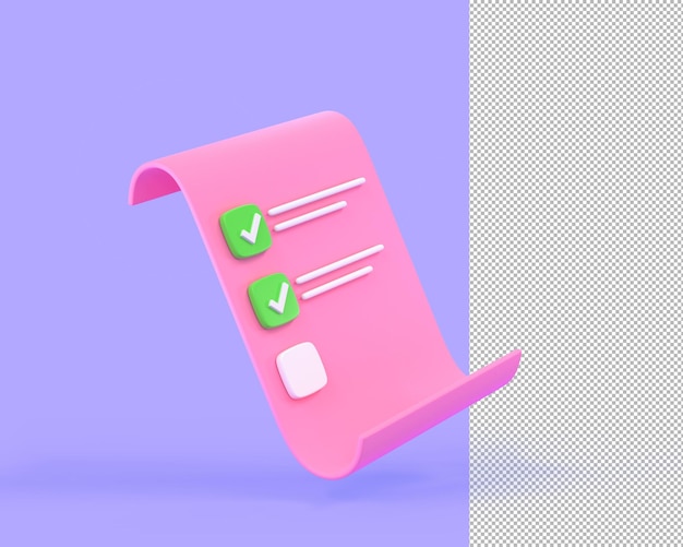 Lista di controllo 3D con segni di spunta Foglio rosa con domande del test o del quiz Pagina del blocco note con elenco attività sondaggio online esame documento nota con iscrizione isolata su sfondo viola rendering 3d
