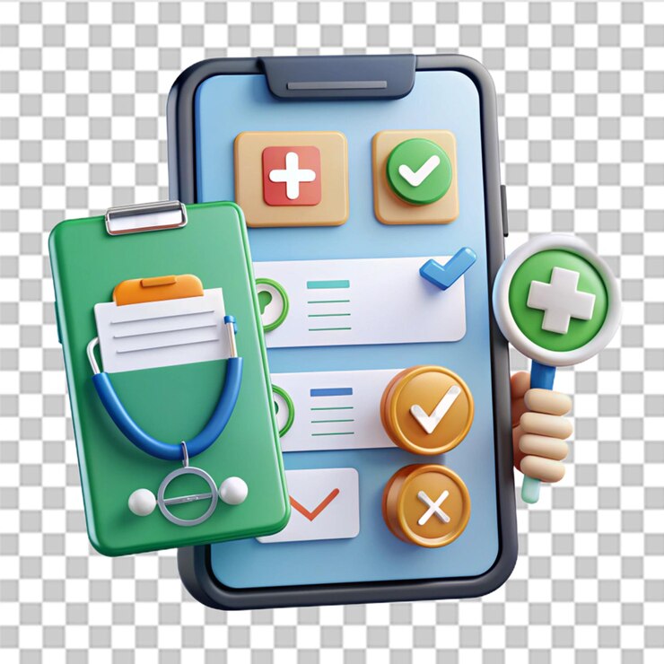 PSD lista de formularios médicos con datos de resultados y marca de comprobación aprobada en el teléfono móvil vector cartón plano documento de lista de comprobación clínica con casilla de comprobación en el teléfono inteligente servicio electrónico de medicina de seguros en línea