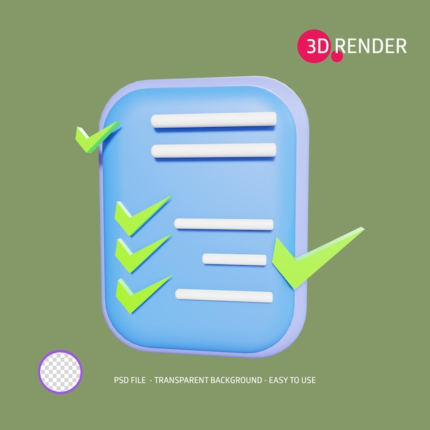 PSD lista de verificación del icono de renderizado 3d