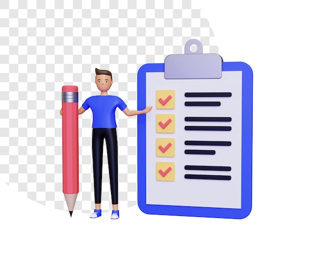 Liste de contrôle 3d avec un personnage masculin tenant un crayon