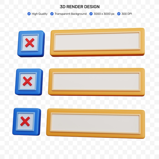 PSD liste de contrôle bleue de rendu 3d avec croix isolée