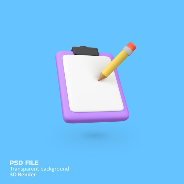 Listez les éléments du bloc-notes avec une illustration d'icône de rendu 3D isolée au crayon