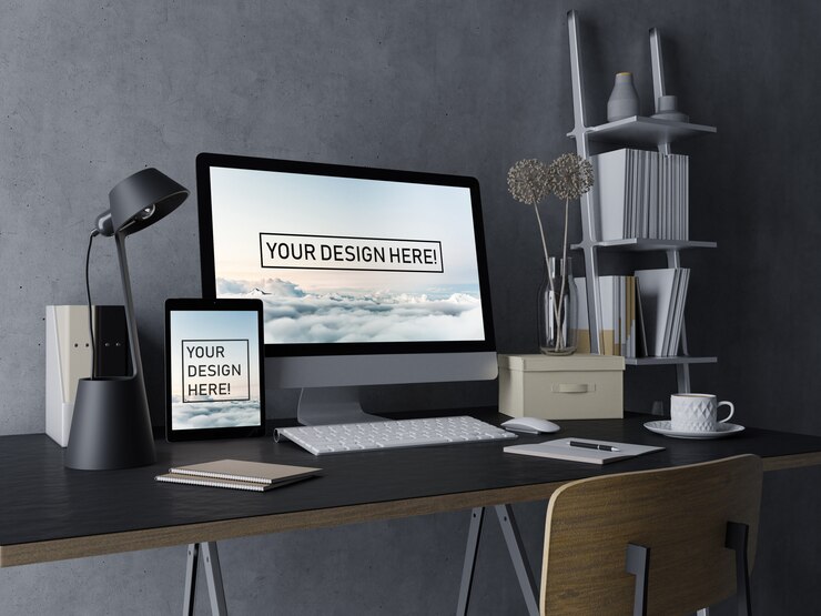 PSD listo para usar plantilla de diseño de pc de sobremesa y tableta con pantalla editable en negro espacio de trabajo interior moderno