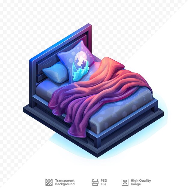 Un Lit Avec Une Couverture Violette Et Rose Et Un Oreiller Bleu.