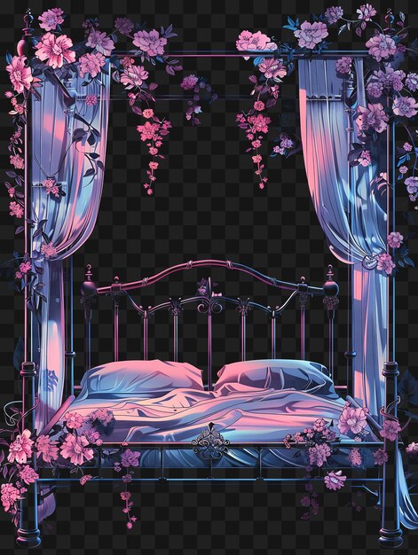 PSD un lit avec une literie pourpre et rose et un rideau pourpre avec des fleurs dessus
