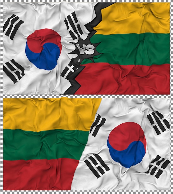 Litauen gegen Südkorea Halbkombinierte Flagge Stoff-Bump-Textur 3D-Rendering