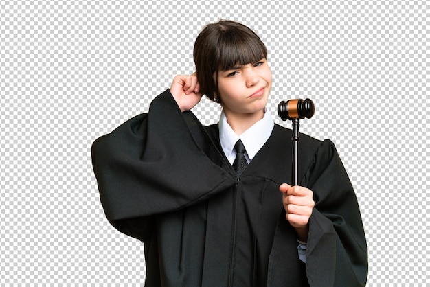 Little girl playing as a Judge over isolated background having doubts