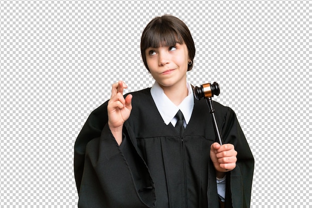 Little girl playing as a Judge over isolated background with fingers crossing and wishing the best