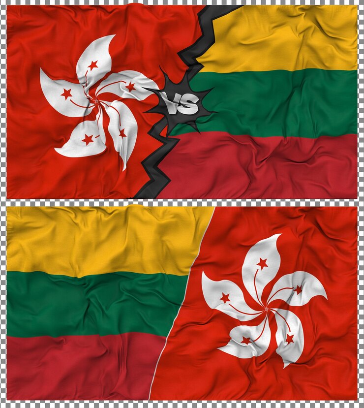 PSD lituania contra hong kong media bandera combinada con textura 3d de la tela de la bandera