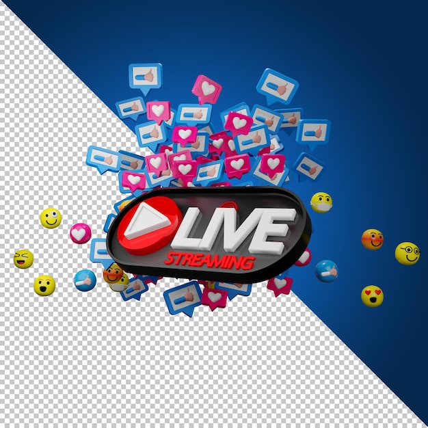 PSD live stream sign e iconos de emoción en render 3d