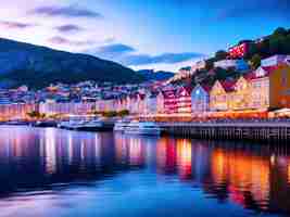 PSD lively bergen waterfront on summers saturday night