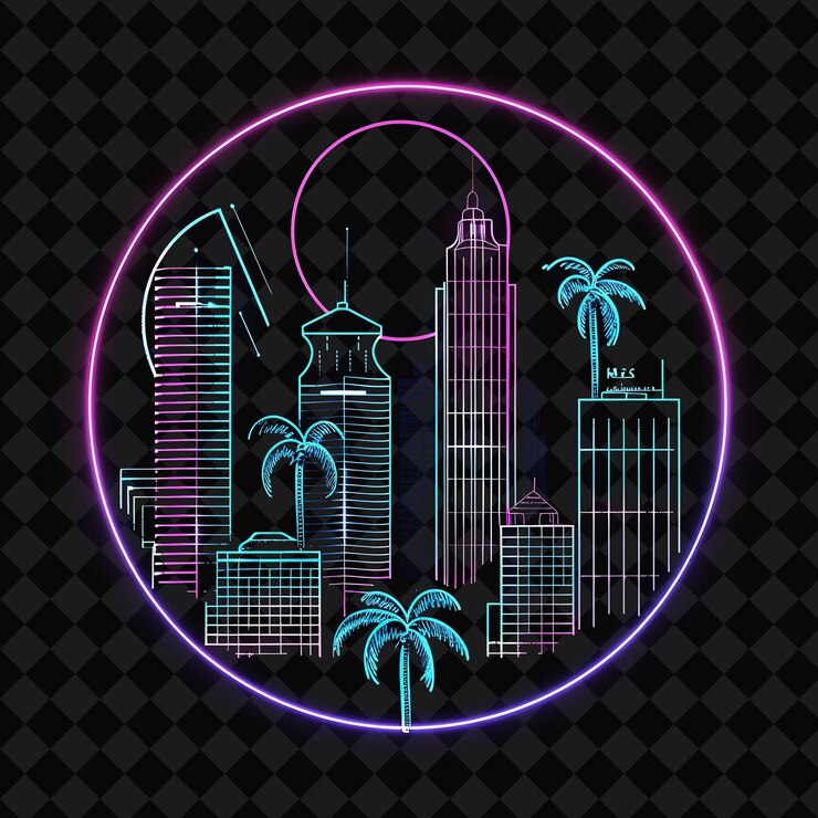 PSD lively neon kinshasa skyline inside a silhouette circle land png y2k monoline cityscape collage art