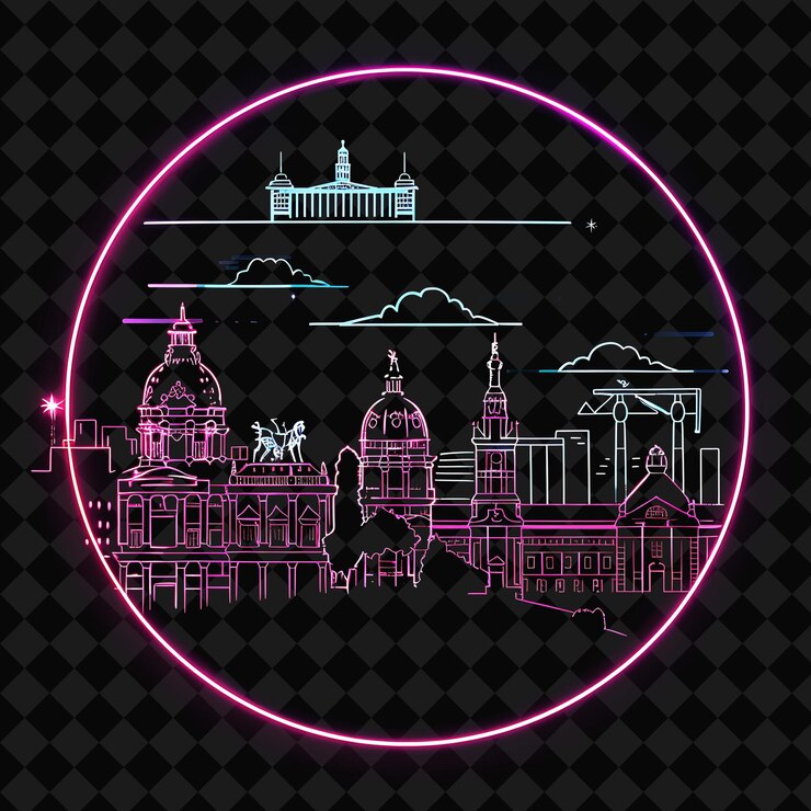 PSD lively neon madrid skyline dentro de um círculo de silhueta paisagem png y2k monoline cityscape collage art