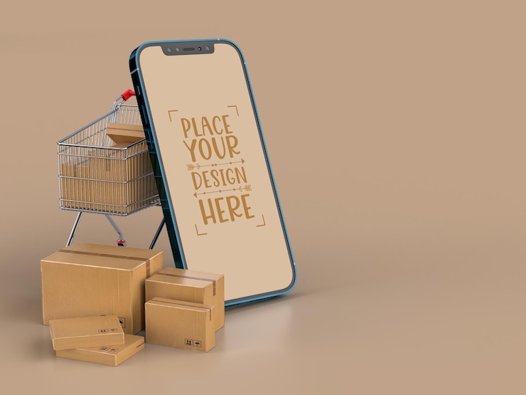 PSD livraison en ligne avec modèle de maquette de smartphone avec colis de livraison