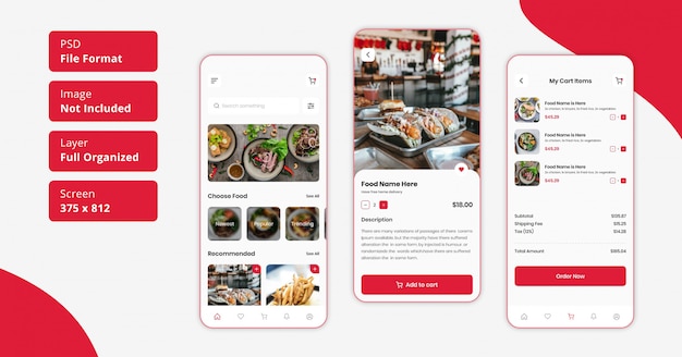 PSD livraison de nourriture de restaurant ou conception d'interface utilisateur d'application mobile de livraison à domicile de nourriture de restaurant