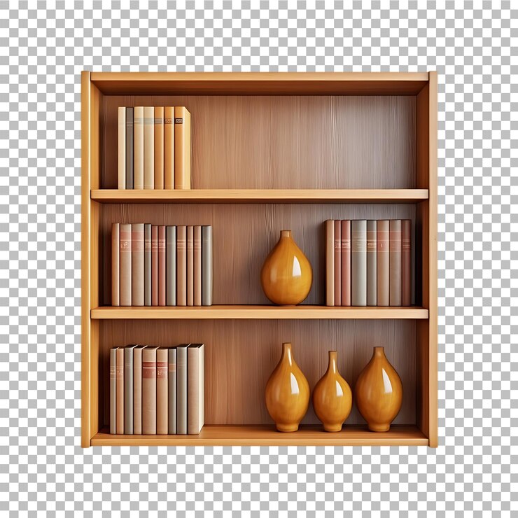 PSD livraria de madeira realista em 3d com livros e vasos em um fundo transparente ai generativo